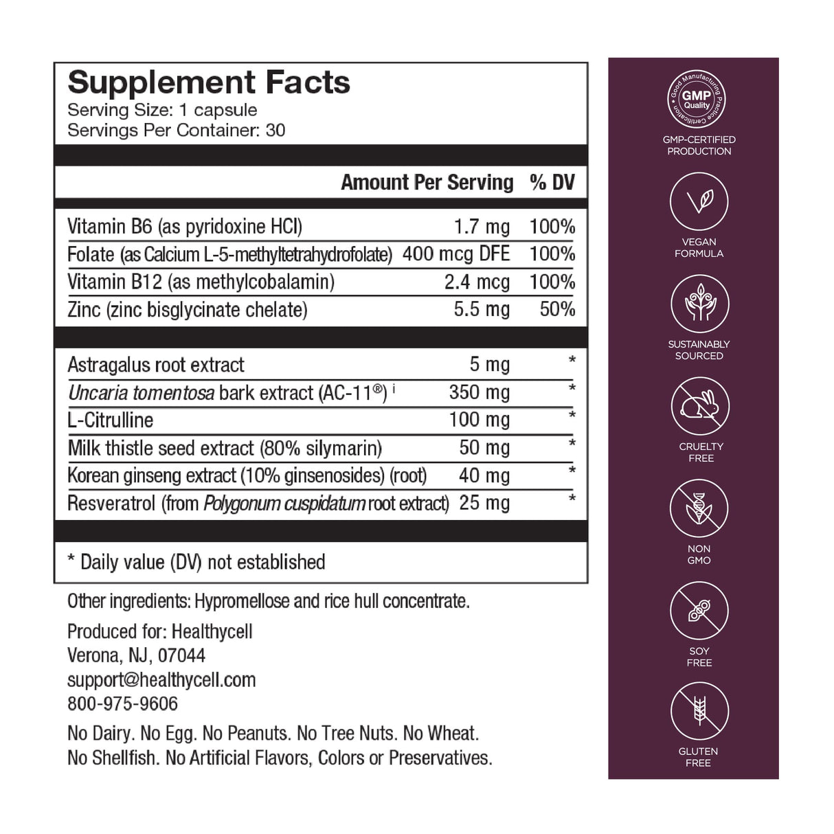 Healthycell Telomere Length Supplement - Anti-Aging Telomere Lengthening Supplements with Phytonutrients & Vitamins for Cellular Health - AC-11, Astragalus & Resveratrol - 30 Capsules