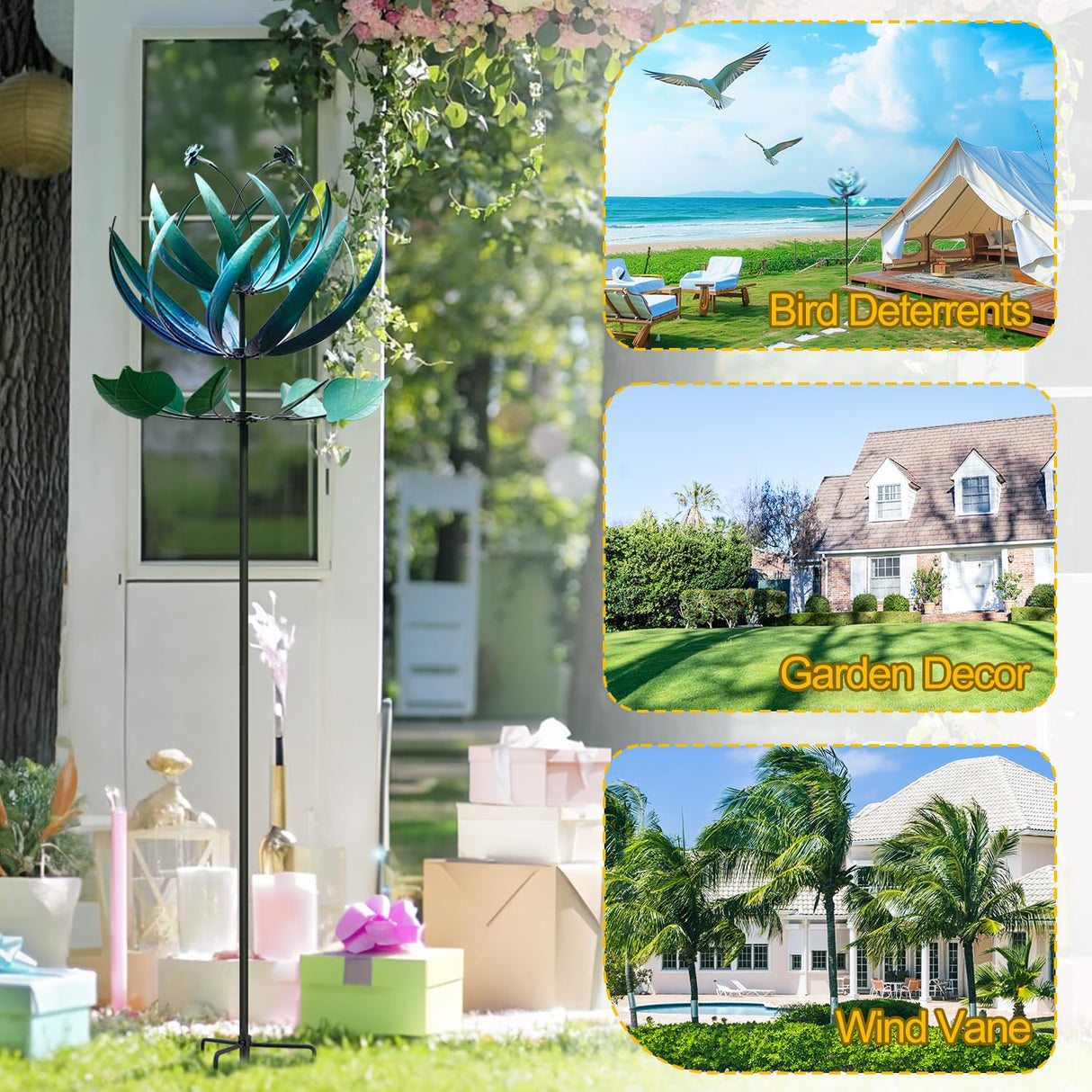 LimeHill Wind Spinner for Yard and Garden - Large Metal Windspinners for Outdoor Decorations (Blue Lotus (24 X 84 Inches))