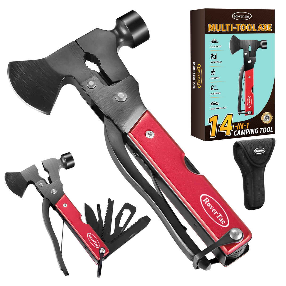 RoverTac 14-in-1 Multitool Camping Axe Hatchet – Essential Camping Gear with Knife, Hammer, Saw, Bottle Opener, Screwdriver – Multi Tool with Sheath – Gifts for Men, Dad, and Outdoor Adventures