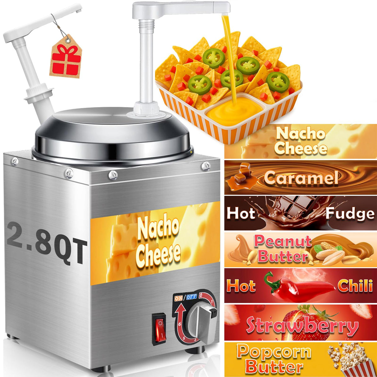 Nacho Cheese Dispenser - 2.8 Qt Nacho Cheese Warmer Machine with Pump, Stainless Steel Hot Fudge Sauce Warmer W/6-Level Temperature Adjustment,Syrup Hot Fudge Dispenser for Hot Fudge Cheese Caramel
