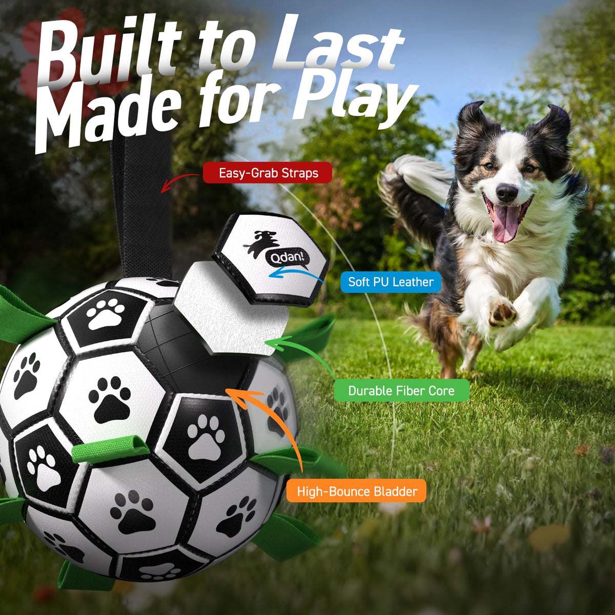 QDAN Dog Toys Dog Balls, 6 Inch Dog Soccer Ball with Straps, Herding Balls