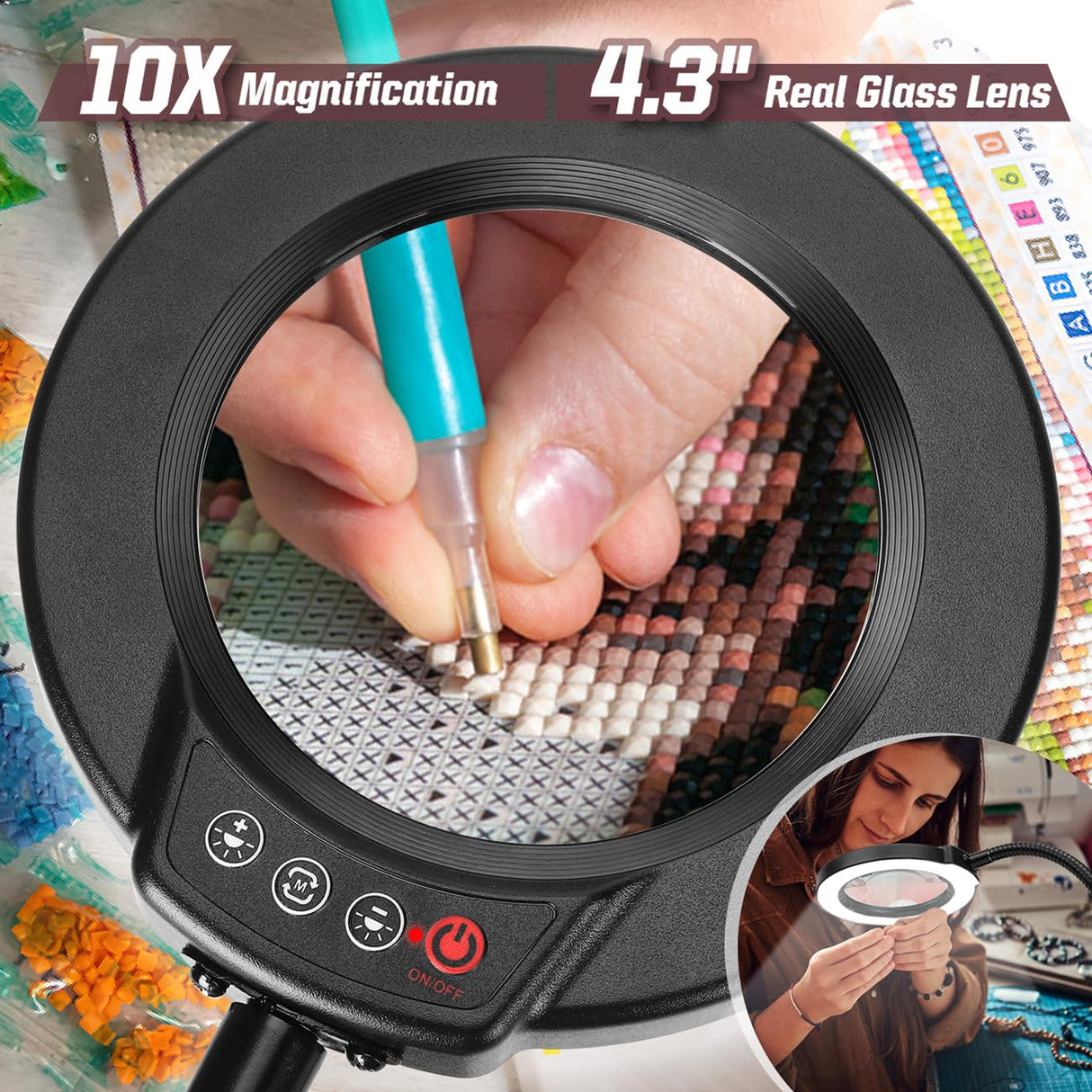 Krstlv 10X Magnifying Glass with Light and Stand, 5 Color Modes Stepless Dimmable LED Lighted Desk Lamp, Hands Free Magnifier with Flexible Goose-Neck for Craft Hobby Painting Sewing Close Work
