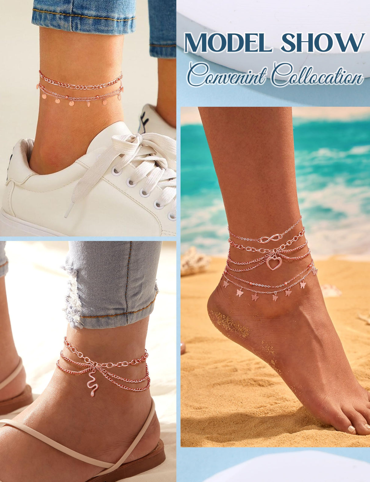 ORAZIO Toe Rings and Ankle Bracelets for Women Rose Gold Plated Anklet Toe Rings Cute Layered Anklets Open Tail Ring Adjustable Beach Foot Jewelry for Summer, Rose Gold