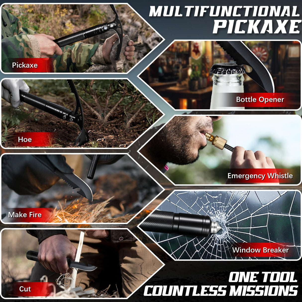 FUSIONKEI Pick Axe 8 in 1 - Multi-purpose Mattock with Garden Hoe & Knife