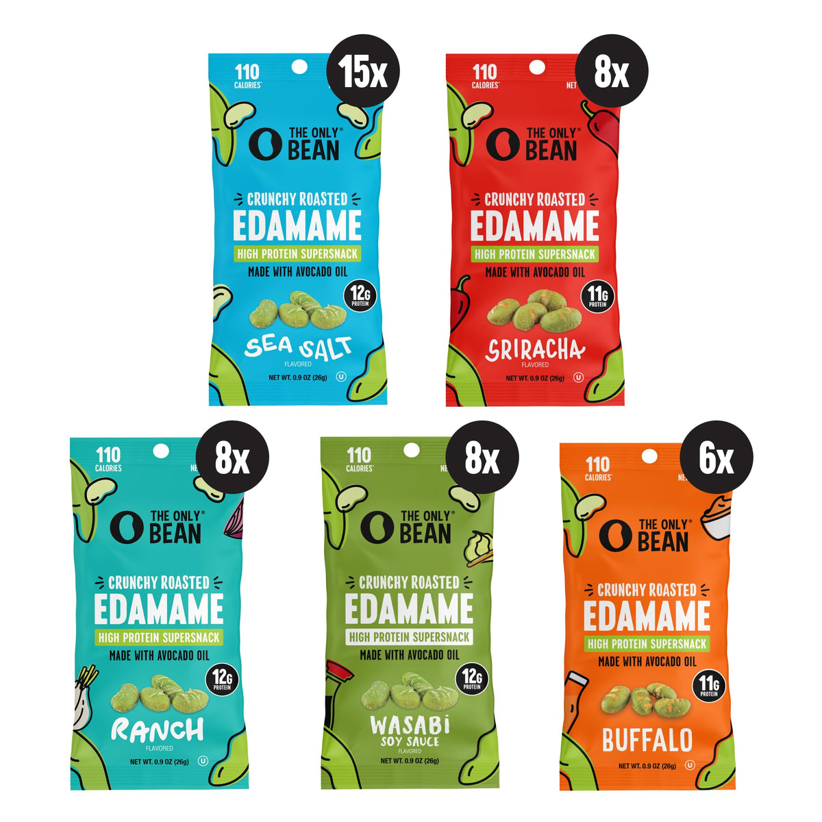 The Only Bean High Protein Snacks, Healthy Office Snack, Healthy Snacks for Adults and Kids for Lunch, Vegan, Low Carb & Gluten Free - Edamame Beans Snack, Variety Pack - 0.9oz (Pack of 45)
