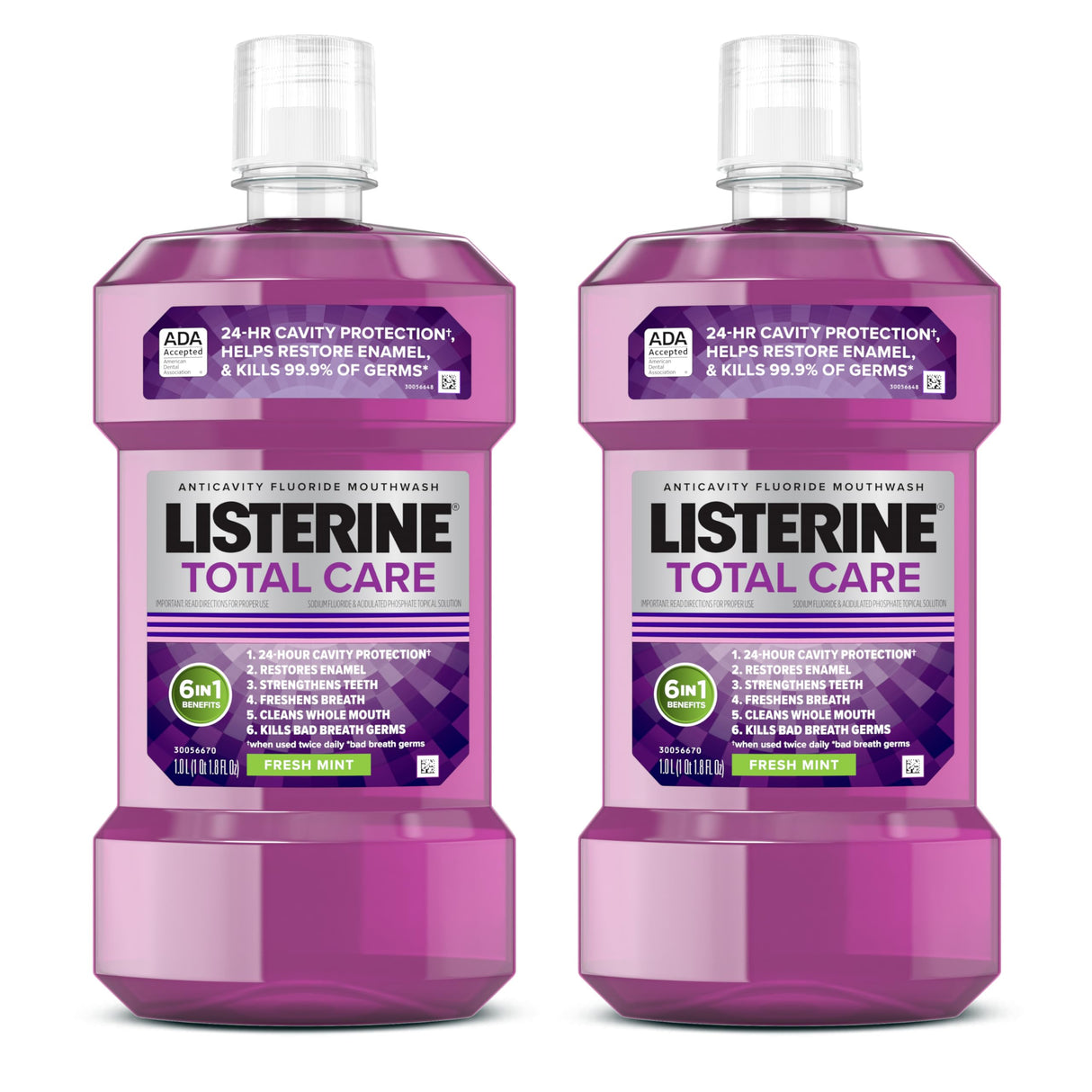 Listerine Total Care Anticavity Fluoride Mouthwash, 6 Benefits in 1 Oral Rinse Helps Kill 99% of Bad Breath Germs, Prevents Cavities, Strengthens Teeth, Fresh Mint, Twin Pack, 2 x 1 L