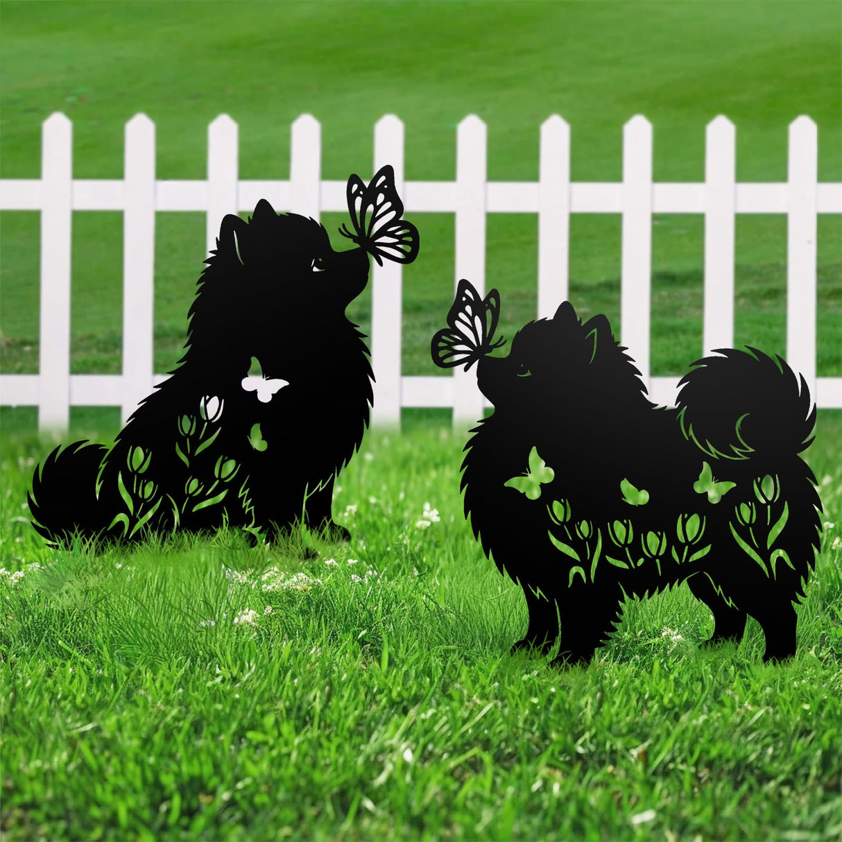 Pomeranian Metal Decorative Garden Stakes for Memorial Yard Art, Lawn Ornaments, Outdoor Decor 2 PCS