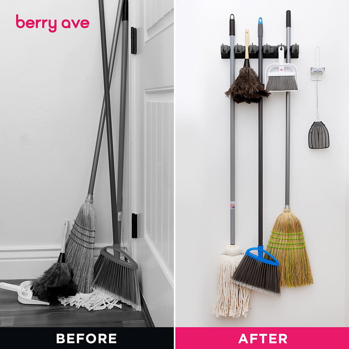 Berry Ave 5 Racks 6 Hooks Mop and Broom Holder Wall Mount, Broom Organizer Storage Tool Rack, Heavy Duty Wall Mount for Brooms and Mops, Utility Closet Garage Kitchen Laundry Organizer