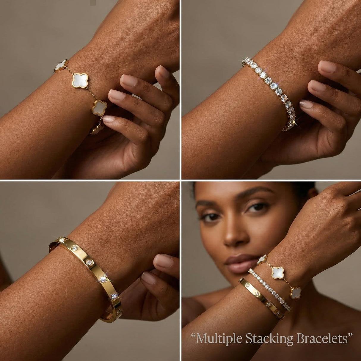 PDWZNBA 18K Gold-Plated Bracelet Set – Floral Clover, Tennis, Twist Cuff, Classic Gold-plated Bangle Stainless Steel, Non Tarnish, Stackable Bracelet Gift for Women