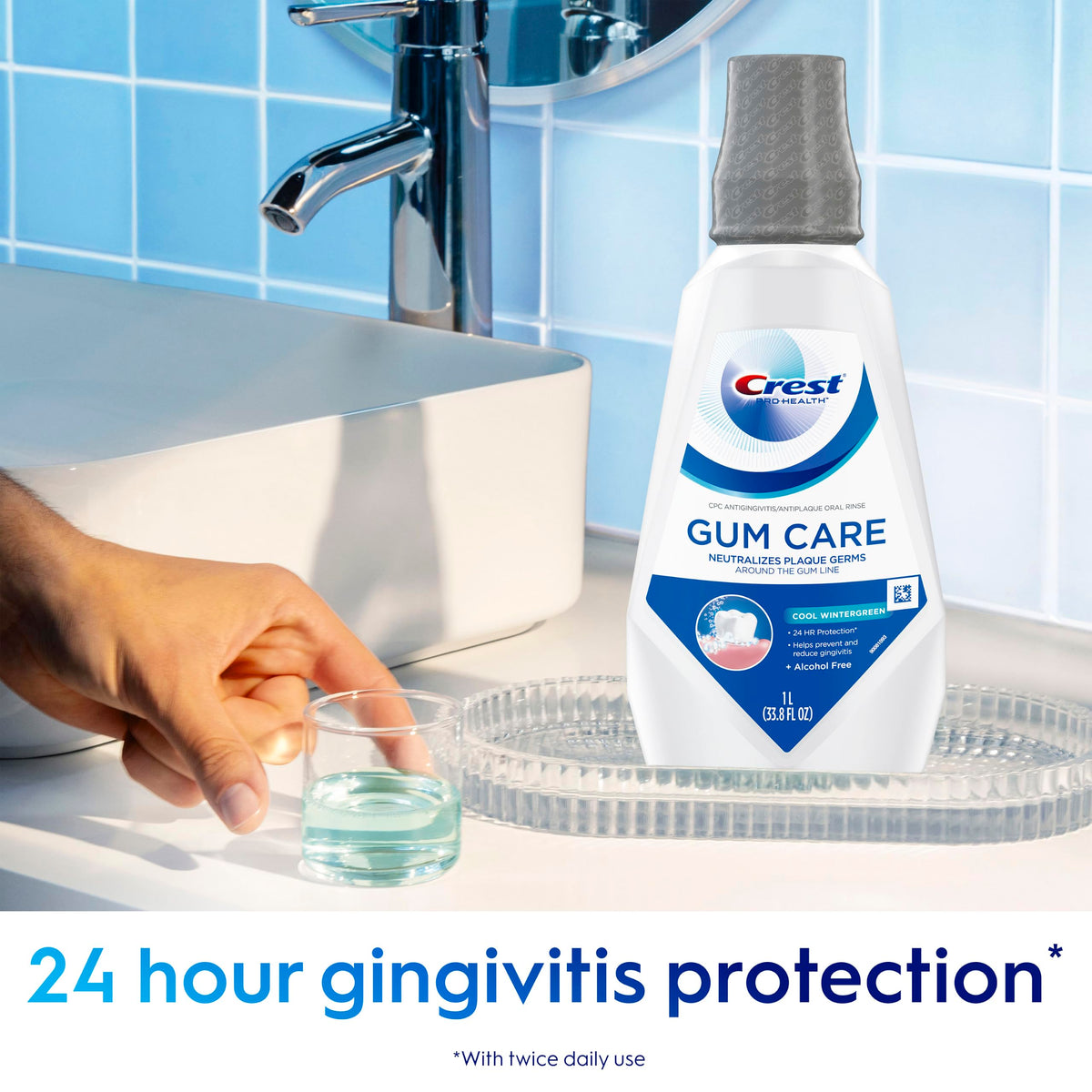 Crest Gum Care Alcohol Free Mouthwash, Cool Wintergreen, Value Twin Pack, 2 x 1L (33.8 fl oz) Bottles, Helps Prevent & Reduce Gingivitis, Neutralizes Plaque Around the Gum Line, No Burn Oral Rinse