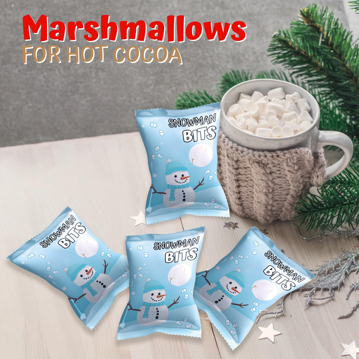 4E's Novelty 50 Packs "Snowman Bits" Mini Marshmallow Packets, Vanilla Flavored, 14 Marshmallows in Each Bag, Bulk Individually Wrapped Christmas Marshmallows For Hot Chocolate Bar Supplies Party Treats