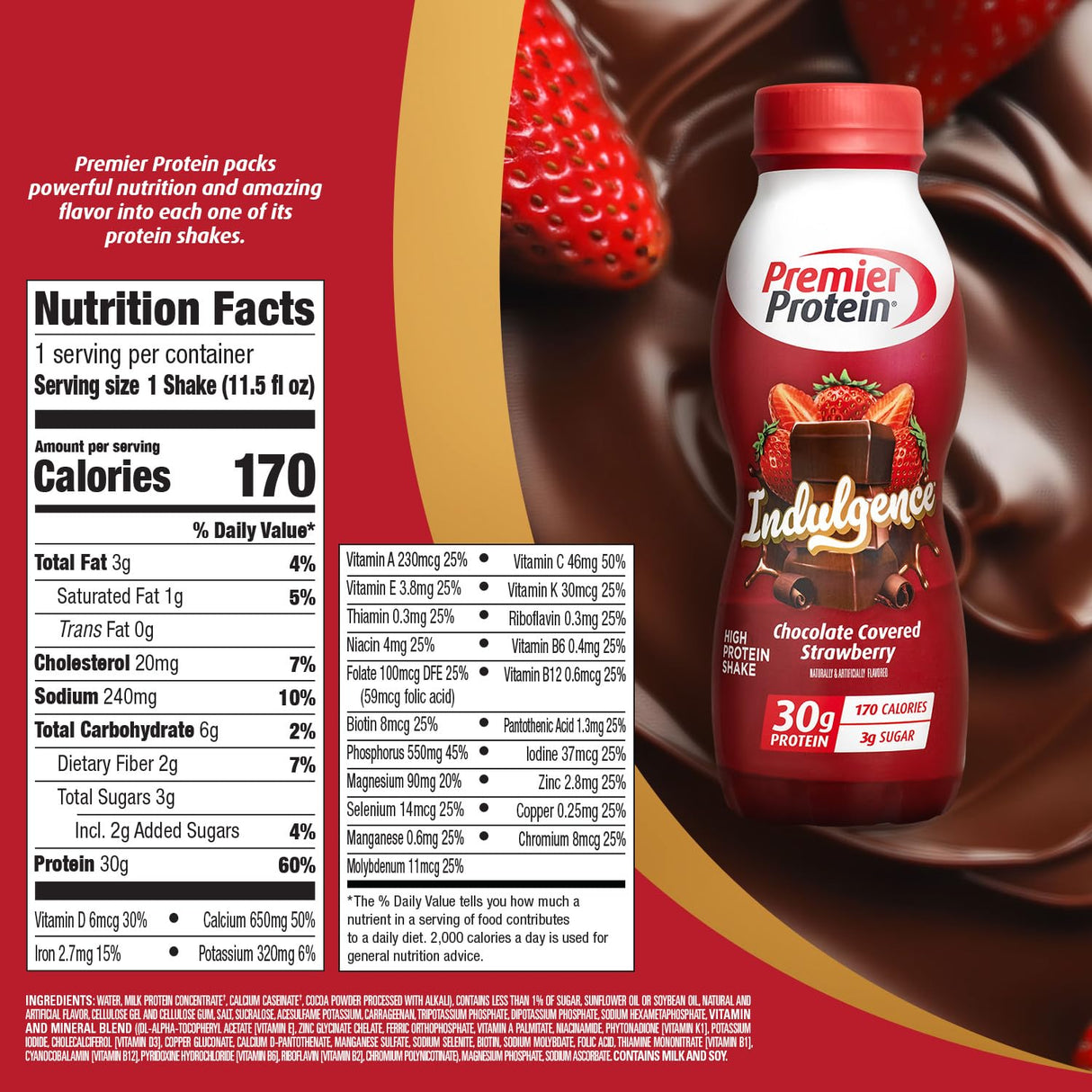 Premier Protein Indulgence Protein Shake, 30g Protein, 3g Sugar, Chocolate Covered Strawberry, 11.5 fl oz, Pack of 12