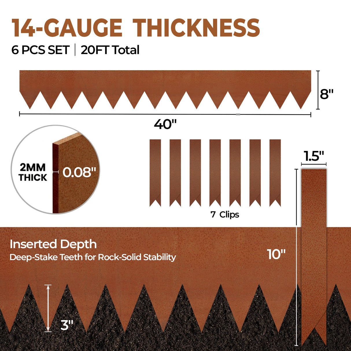 Worth Garden 6 Pack Cor-Ten Steel Landscape Edging w/Rust Patina Finish - 40" L x 8" H Strips - Hammer-in 14-Gauge Metal Corten Edging Border w/ 7 Clips & Gloves - Edge for Lawn Yard (20Ft Total)