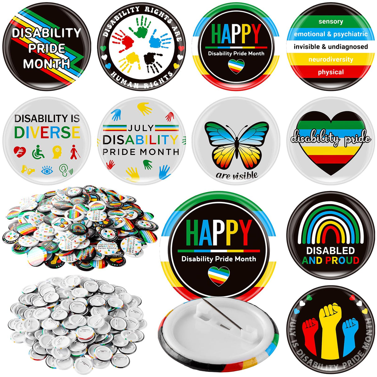 200 Disability Pride Month Pins Buttons 1.26" Round Lapel Badges Equality