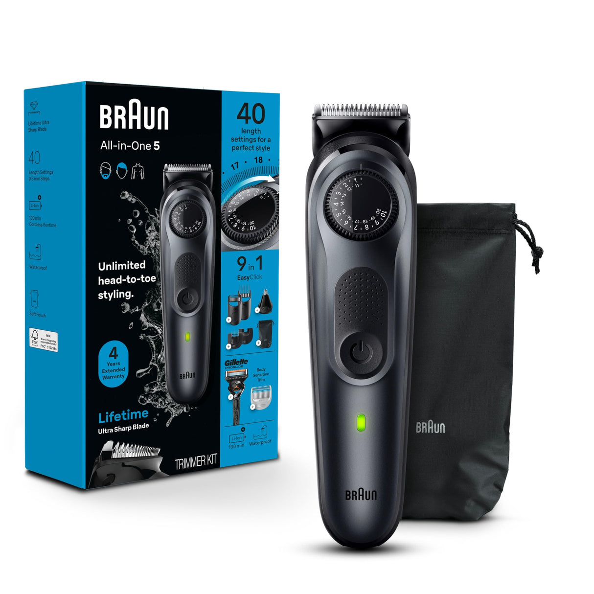 Braun All-in-One Style Kit Series 5 5470, 9-in-1 Trimmer for Men w/Beard Trimmer, Body Trimmer for Manscaping, Gillette Fusion5 ProGlide Razor, 40 Length Settings, Rechargeable Battery, Cordless