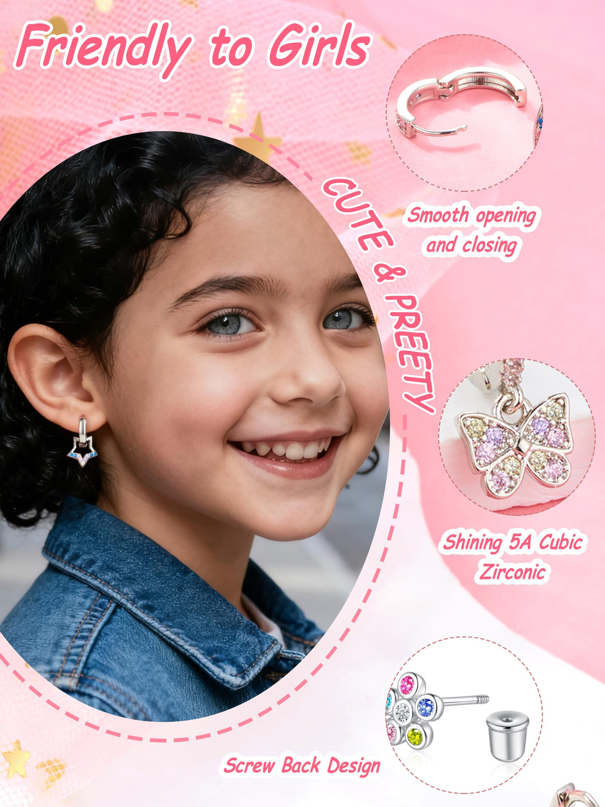 Hypoallergenic Screw Back Earrings for Women Girls Kids Surgical Steel Earrings for Sensitive Ears Cute Heart CZ Flower Butterfly Toddler Girl Earrings Screwback Studs Hoops, Star Age:overyears 4 old