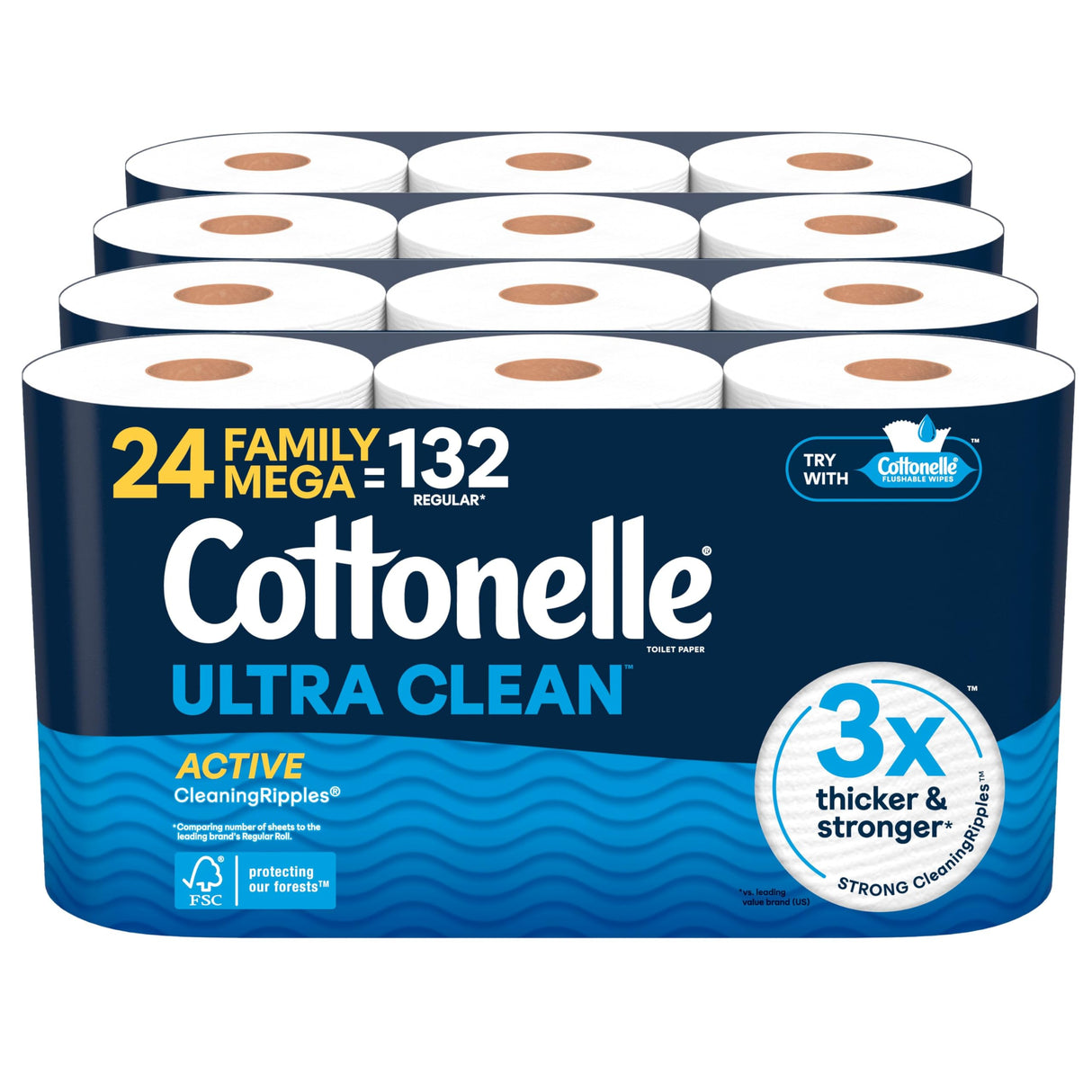 Cottonelle Ultra Clean Toilet Paper with Active CleaningRipples Texture, Strong Bath Tissue, 24 Family Mega Rolls = 132 Regular Rolls (4 Packs of 6)
