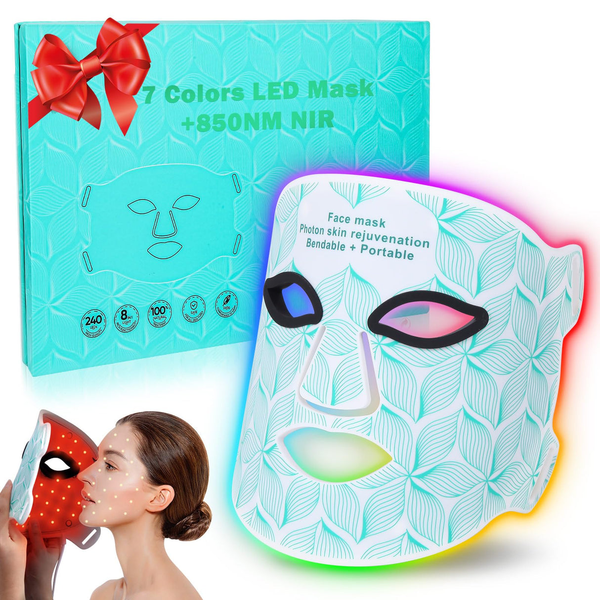 biuufish Red Light Therapy for Face, 7+1 Colors LED Face Mask Light Therapy with 850NM Near-infrared, Portable Rechargeable Red Light Therapy Mask Skin Care Device at Home and Travel for Anti-Aging