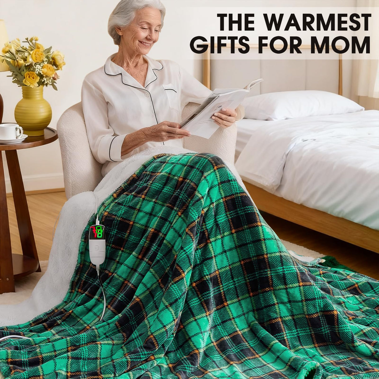 Green Heated Blanket Electric Throw 50X60, Heating Blanket for Couch, Plaid Sherpa Winter Blankets Warmer, 10 Levels & 8-Hour Auto Off, Fast Heated House Warming Gifts New Home Christmas Decor for Mom