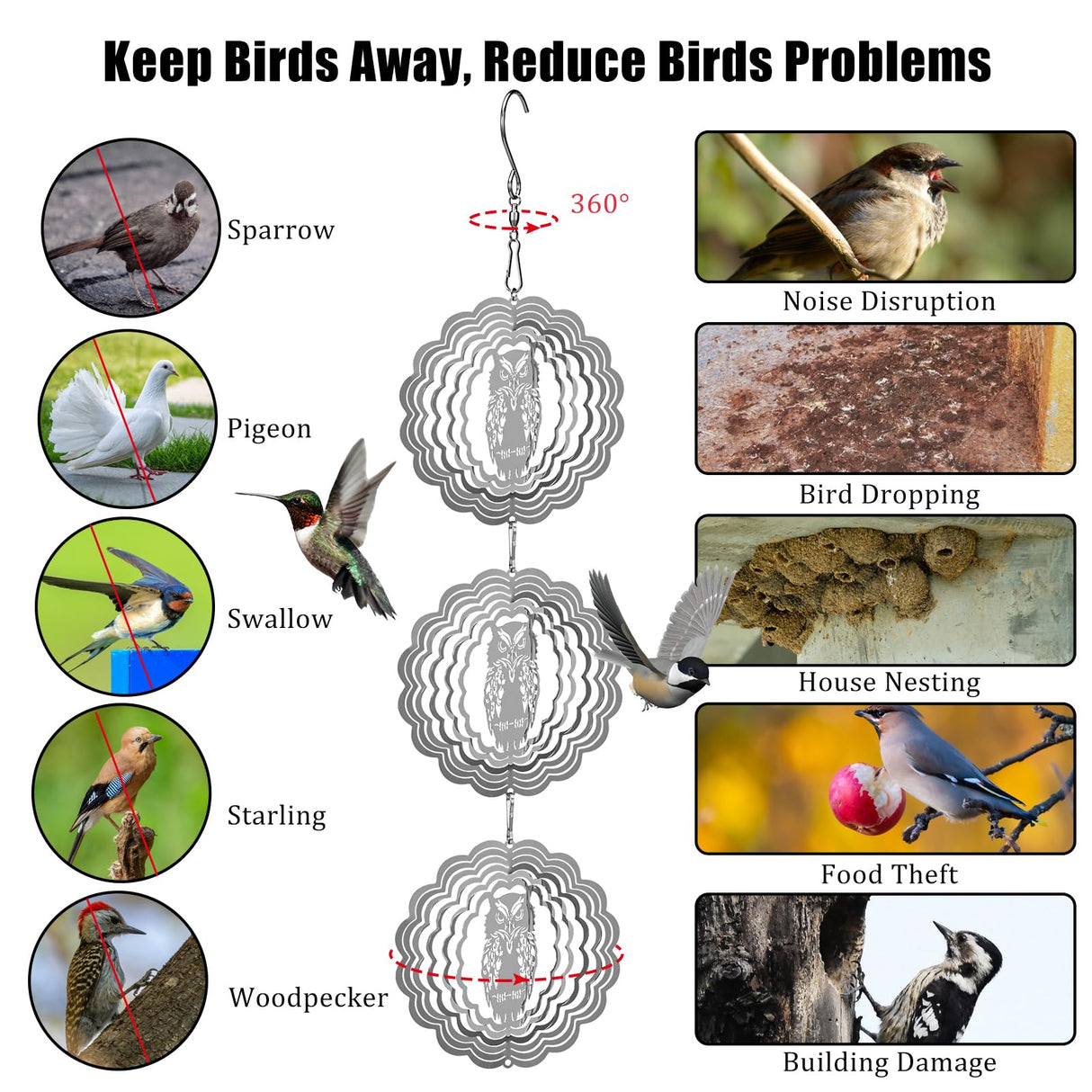 Owl Bird Deterrents for Outside,3D Stainless Steel Wind Spinners Outdoor Decor,Reflective Bird Scare Discs Set,Shiny Bird Reflectors to Keep Woodpecker Pigeon Away from House Patio Yard Porch