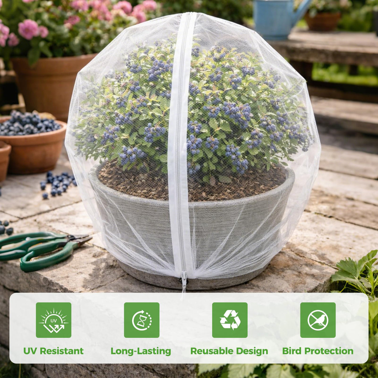Blueberry Bush Netting Cover 2 Pack 4.5 x 4.5 ft, Bird Netting with Zipper & Drawstring, Reusable Berry Bush Netting for Blueberries & Garden Plants, Bird Deer Insect and Poultry Barrier