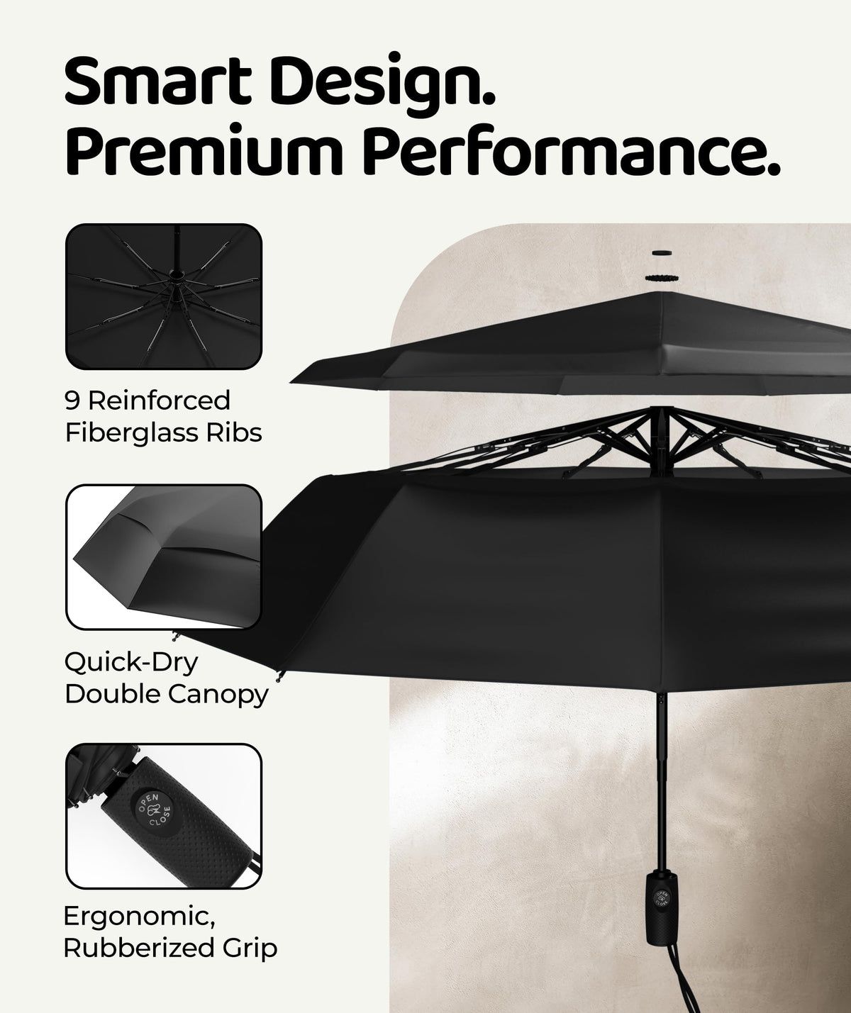 Windproof Travel Umbrella - Compact & Withstands Winds up to 100MPH, Strongest Premium Auto Folding Umbrella for Rain and Sun - Durable, Light & Portable for Women & Men, Fits Backpack & Cars