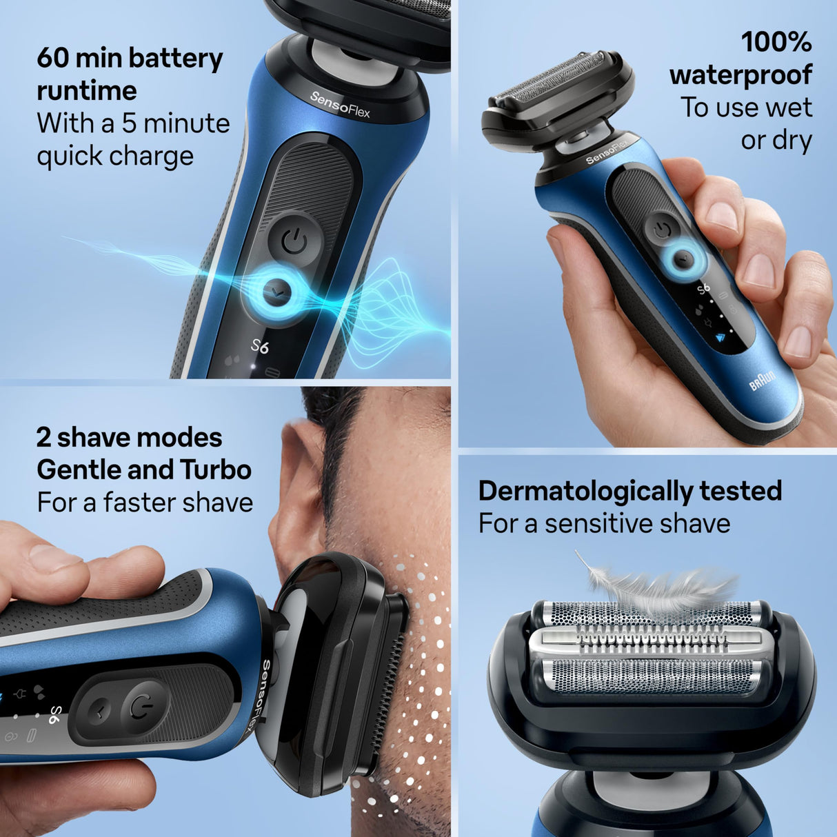 Braun Electric Shaver for Men, Series 6 6120s, Wet & Dry Shave, Turbo & Gentle Shaving Modes, with Precision Trimmer & Pouch, Blue