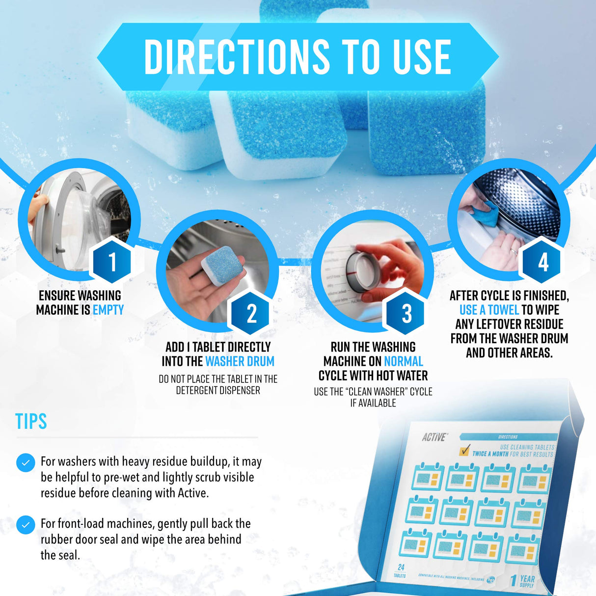 ACTIVE Washing Machine And Dishwasher Cleaning Tablets Bundle - Includes 12 Month Supply Dishwasher Cleaner Deodorizer & Washing Machine Descaler Deep Cleaning Tablets - 48 Tablet Set