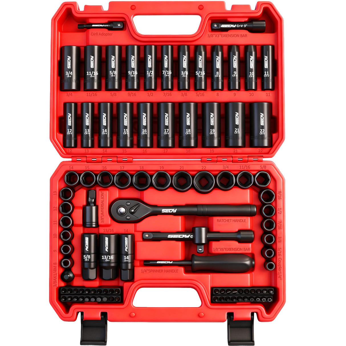 96-Piece 3/8" Drive Impact Socket Wrench and Bit Set, SAE 5/16”-3/4” & Metric 8-22mm, Cr-V Standard & Deep Sockets, Power Bits, Ratchet Handle, Universal Joint, Bit Holder, Adapters, Spark Plug Socket