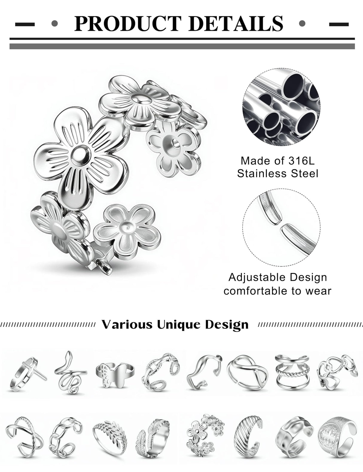 LOLIAS 16Pcs Stackable Stainless Steel Rings Jewelry for Women Non Tarnish