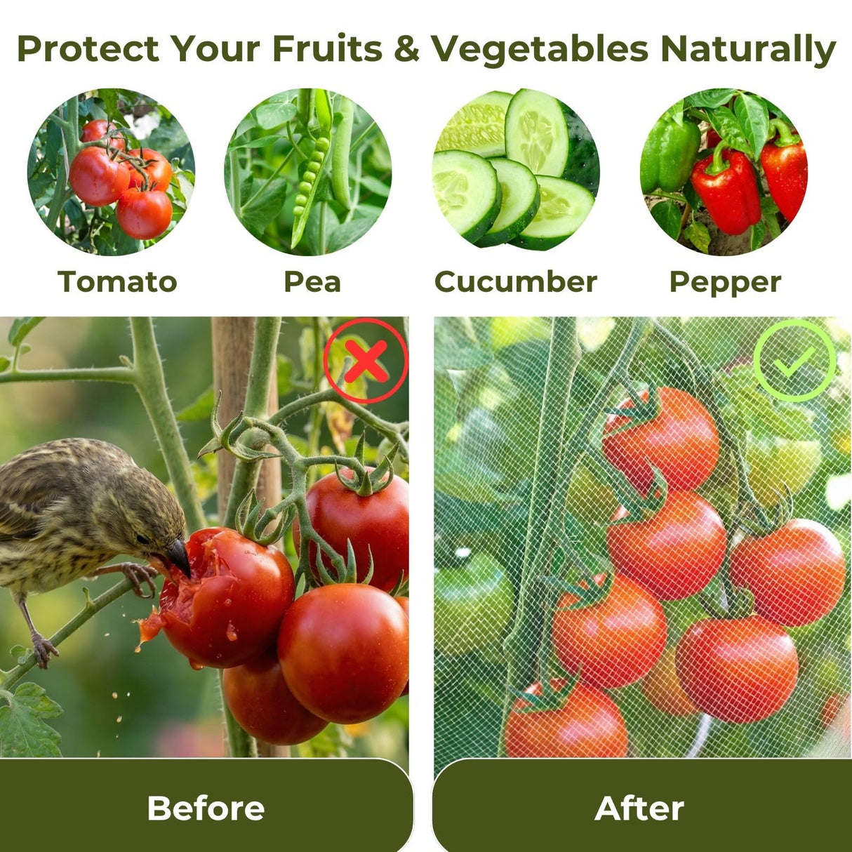 Garden Bird Netting, 3 Pack Tomato Cage Netting with Zipper, 18" x 60"