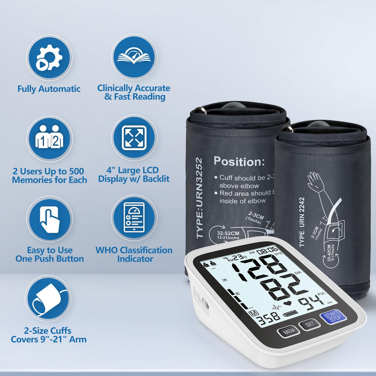 Blood Pressure Machine Upper Arm, 2 Size Cuffs Fit Arms from Medium 9"-17" to Extra Large XL 13"-21", Accurate Automatic Digital BP Kit Home Use, Large Backlit LCD, BP Monitor Dual-User Mode