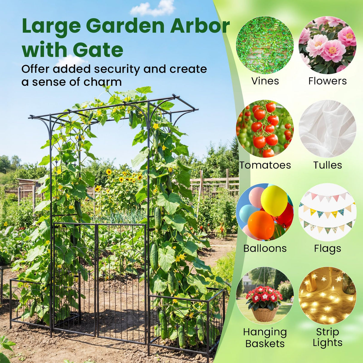 Giantex 81" H Metal Garden Arbor Arch Trellis with Gate and Planter