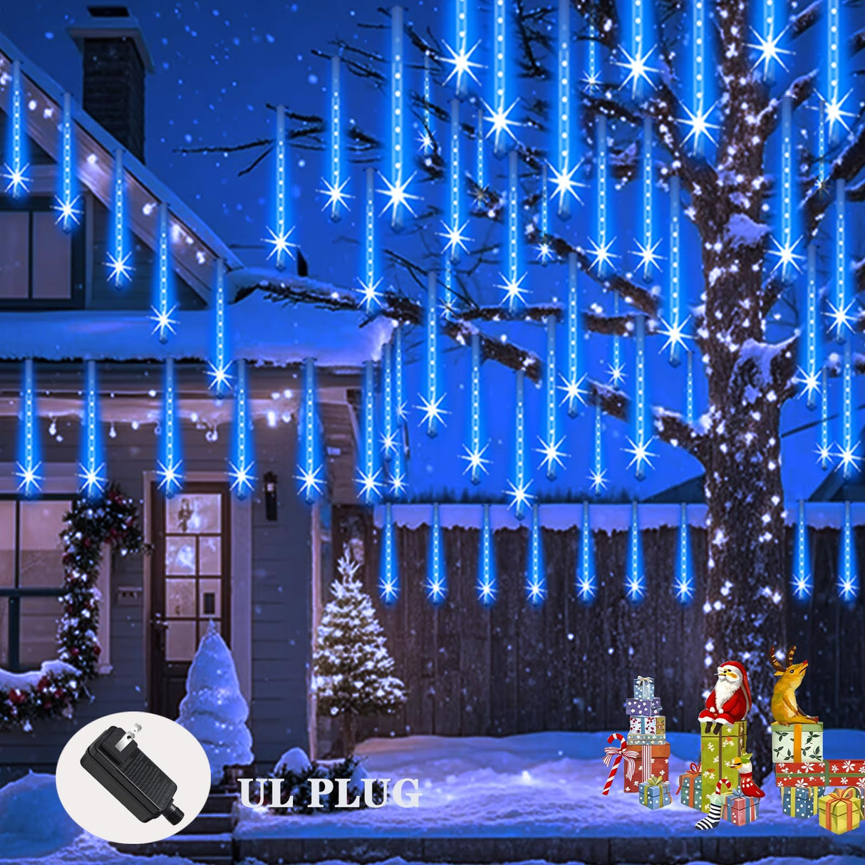 ZPQBEYE Christmas Lights Outdoor Meteor Shower Lights 24-Tube 576LEDs Snow Falling Rain Cascading Icicle Light for Xmas Tree Christmas Decorations Wedding Party Holiday Garden Decor, UL Plug Blue