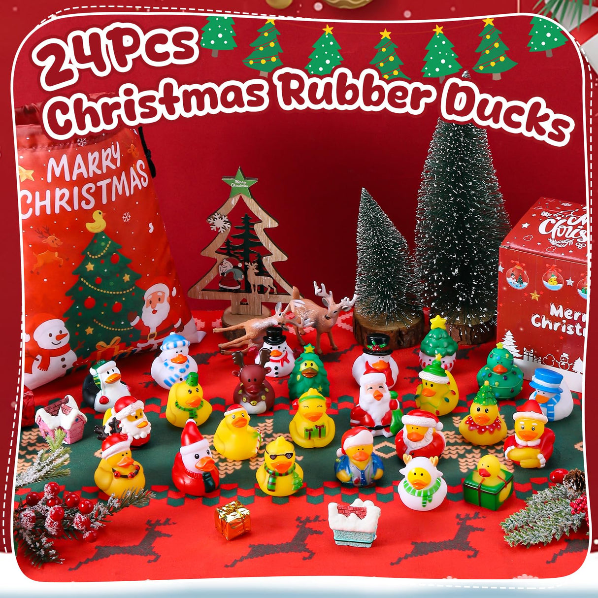 24 Pcs Christmas Rubber Ducks with a Bag, Christmas Stocking Stuffers for Kids, Santa Duckies for Xmas Party Favors Decorations, Ducks for Jeeps Classroom Gift Exchange, Baby Bath Toys