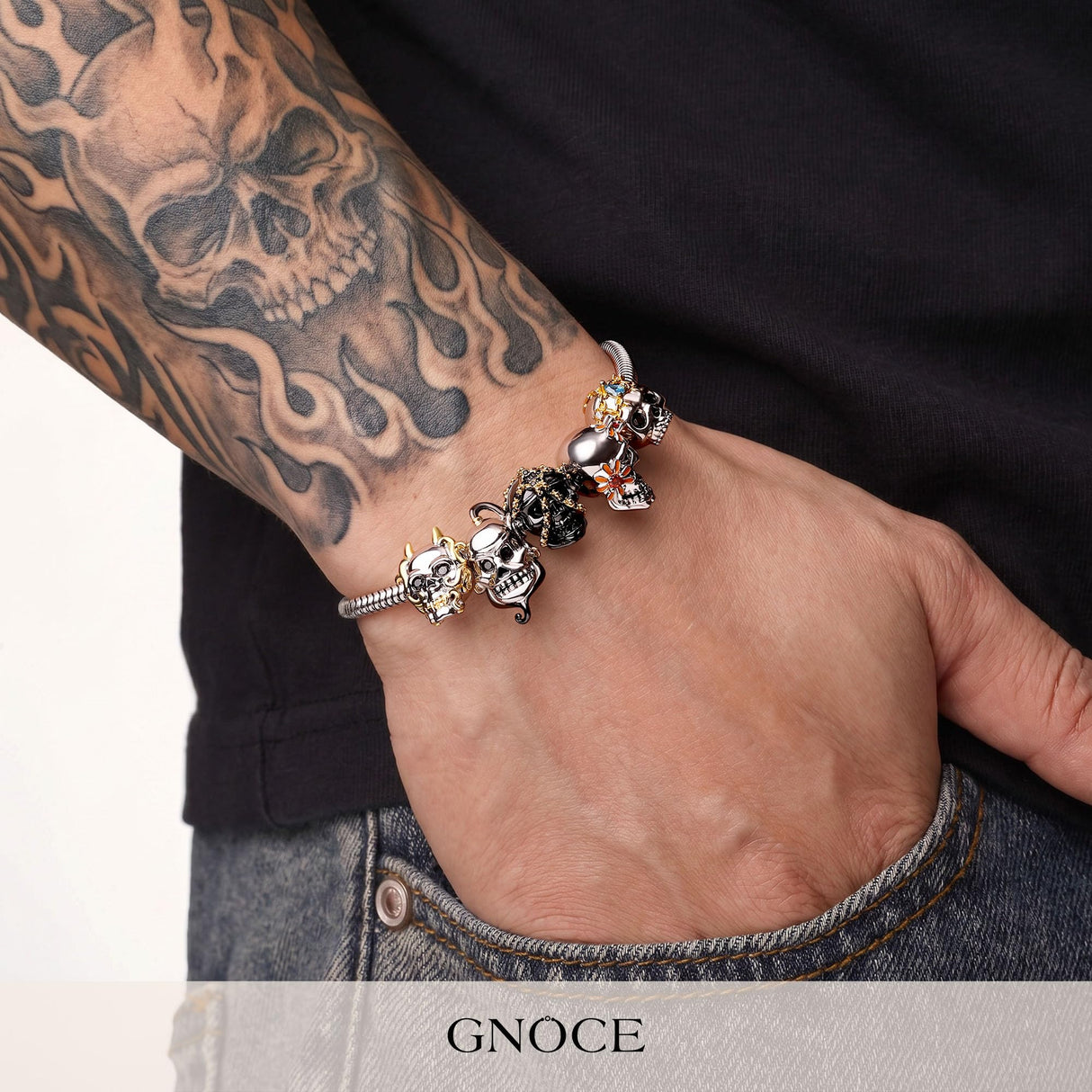 GNOCE Stainless Steel Snake Chain Charm Bracelet W/Safety Gift for Women(7.5in)