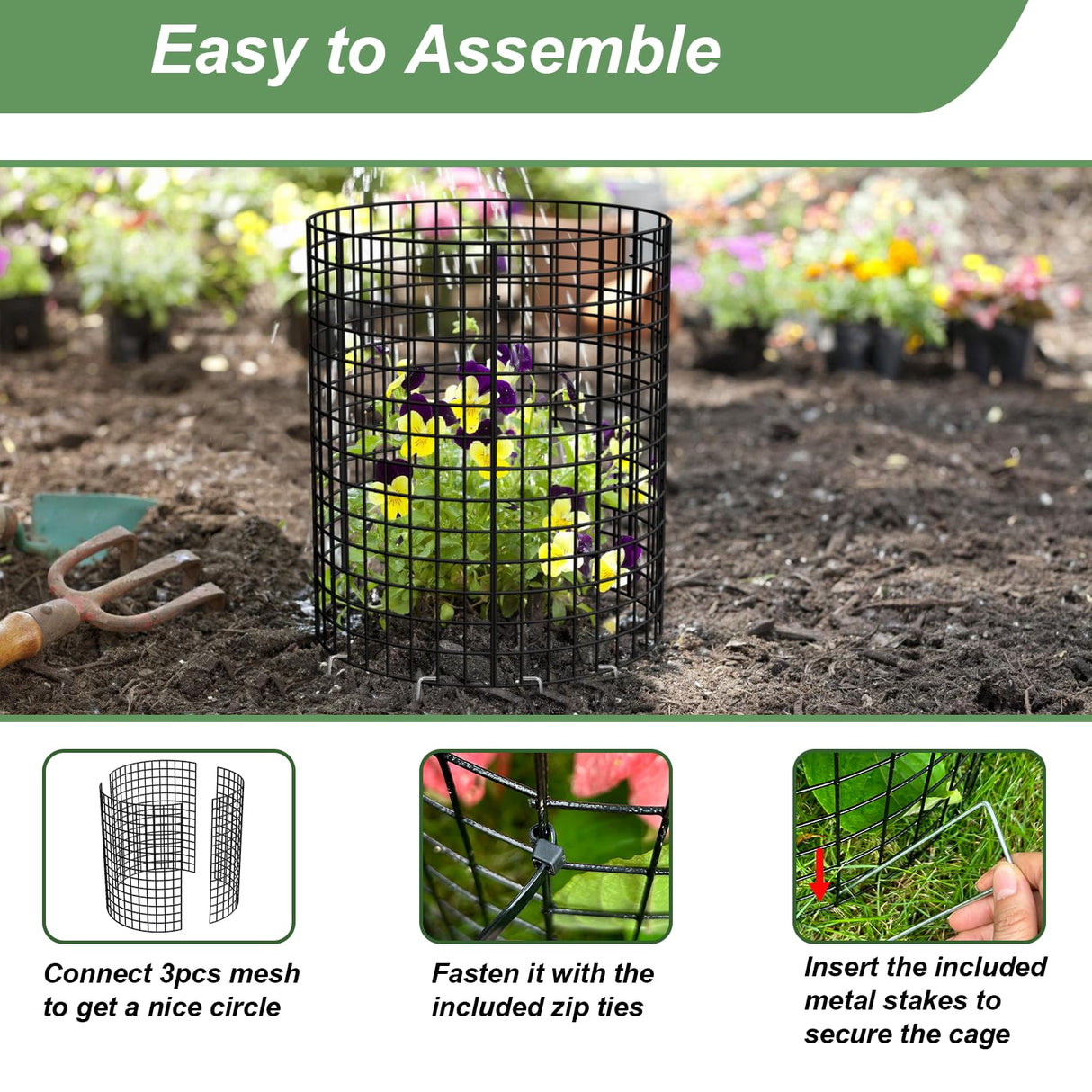 6 Pack Plant Protector from Animals, 13.5" Dia x 14" H Wire Plant Protectors, 18pcs Pre-Bent Metal Mesh to Keep Animals Out with Zip Ties & Stakes (6 Packs)