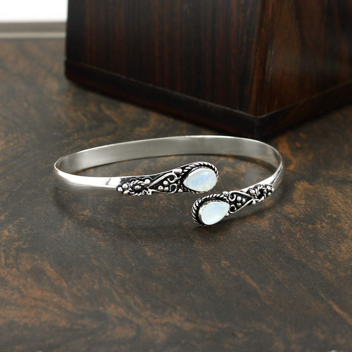 925 Silver Plated Natural Moonstone Cuff Bracelet for Women