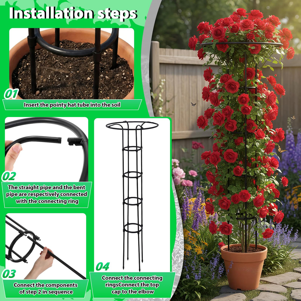ElaraBerry 2 Pcs 63 Inch Garden Obelisk Trellis for Climbing Plants Outdoor, Mushroom Top Flower Trellis Rustproof Metal Tomato Trellises for Potted Plants Rose Climbing Vine Tomato Cucumber Grape