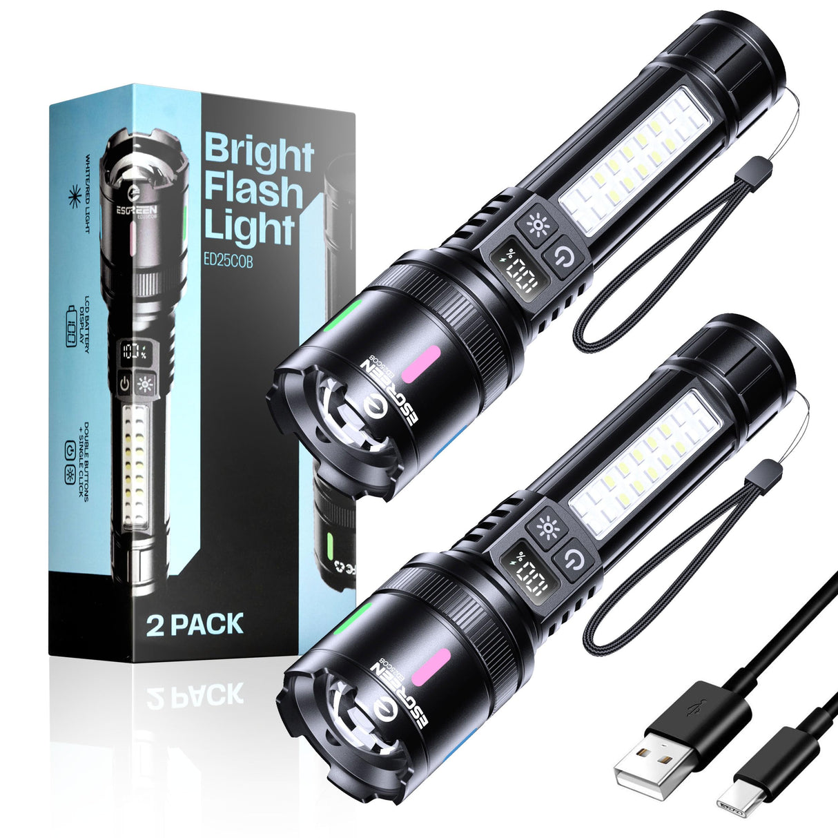 Esgreen LED Rechargeable Flashlights High Lumens 20000 2 Pack, Single Click Bright Flashlight Long Lasting 12H, Compact Handheld Flash Light USB C, White & Red Light, for Hiking Camping Gift