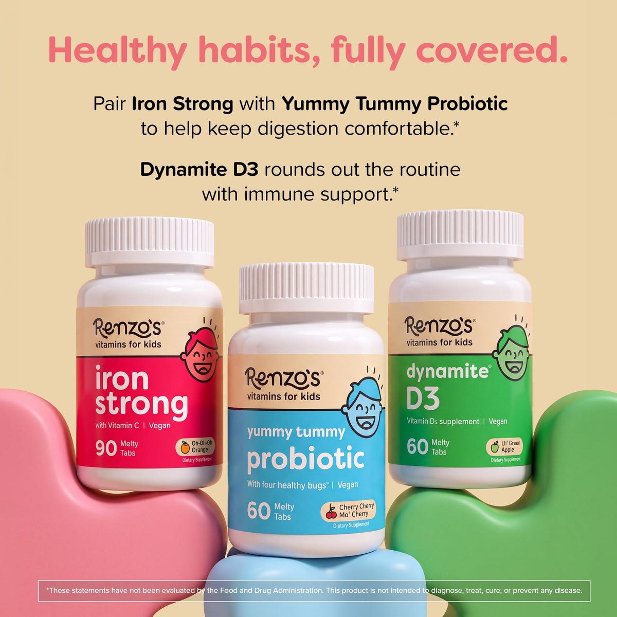 Renzo's Iron Supplements for Kids, Dissolvable Vegan Kids Iron Supplement with Vitamin C, Sugar-Free Melty Tabs, Orange Flavor, 90-Count