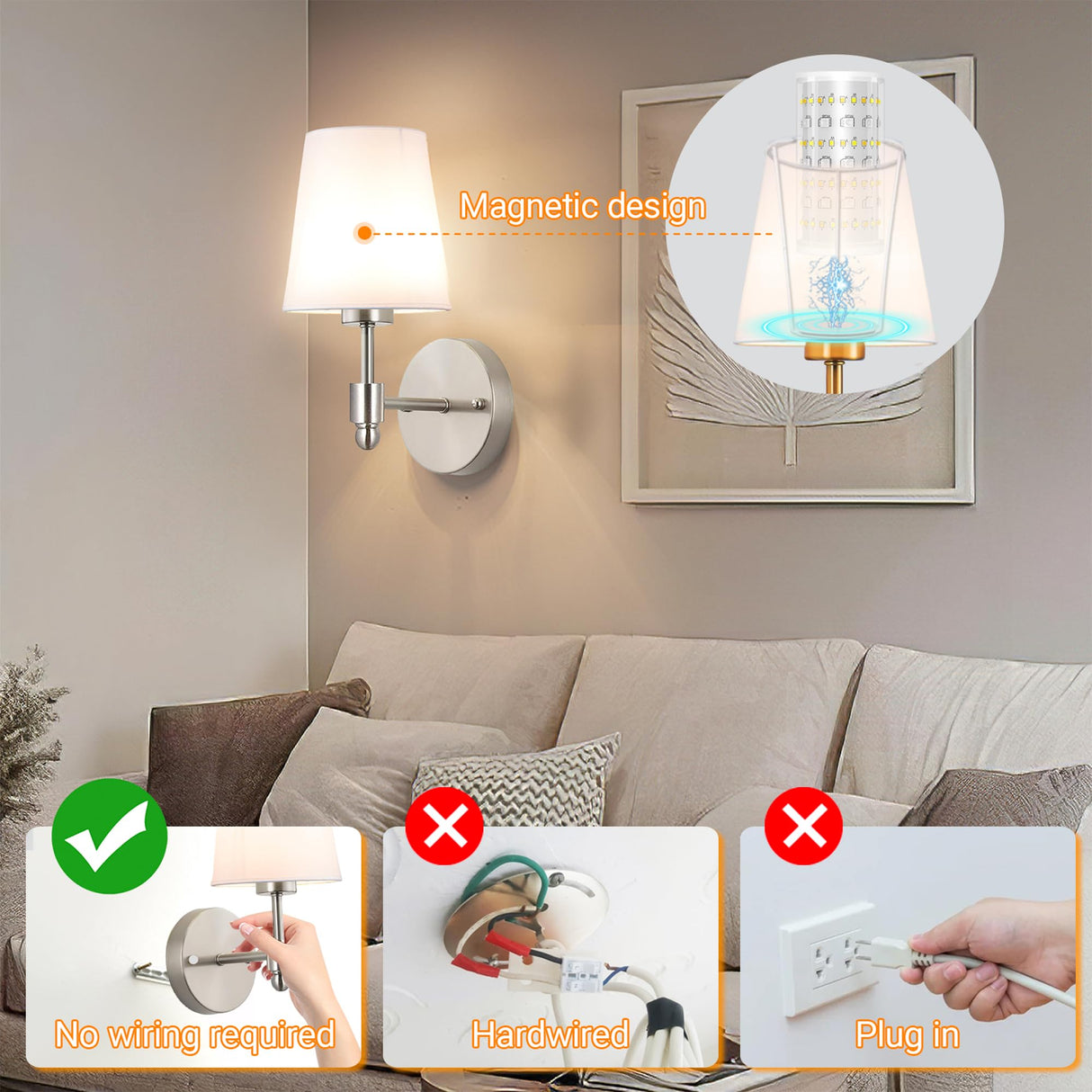 Battery Operated Wall Sconces Set Of 2, Wireless Battery Wall Light With 10000mAh RGB Rechargeable Magnetic Bulb, Rechargeable Wall Sconce With Remote Control For Bedroom, No Electrician Required