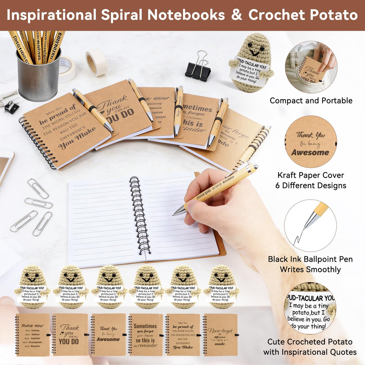 42 Pcs/6 Sets Employee Appreciation Gifts Bulk - Includes 16oz Glass Cups with Bamboo Lid, Positive Crochet, Inspirational Notebooks with Pens, Kraft Paper Gift Bags & Straw - Thank You Gifts for Coworkers, Teachers, Staff & Team