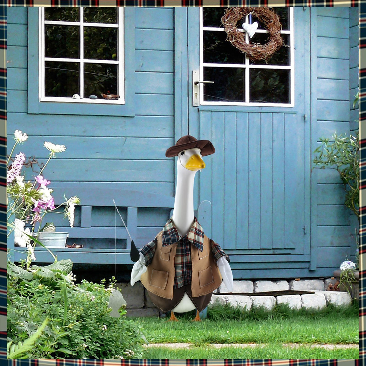 EKOREST Fishing Porch Goose Outfits for 23 Inch Lawn Statue, Fisherman Costume for Plastic/Cement Statue, Duck Sculpture Clothes for Spring Summer Yard Patio Party Decoration