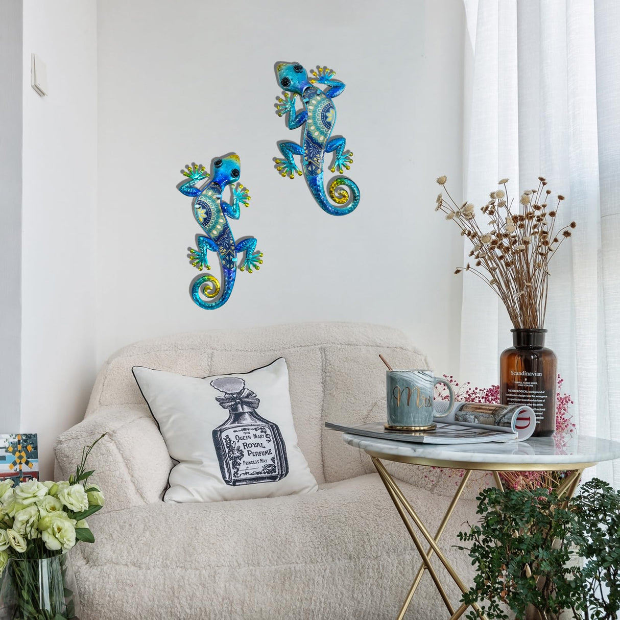 HONGLAND Metal Gecko Wall Art 2Pcs Outdoor Wall Decor 12 Inch Lizard Metal Hanging Wall Decoration Glass Sculpture for Garden Yard Patio Fence Home (Boho Blue)