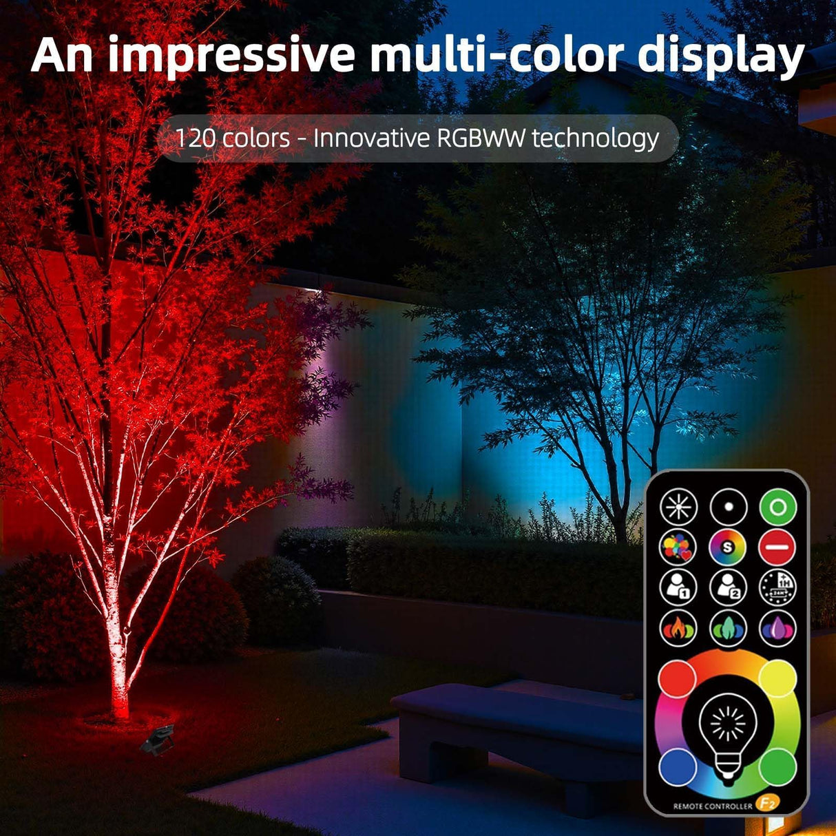 HEKEE LED Flood Light Outdoor, 50W RGB Color Changing Floodlight with Remote Control, RGBW 120 Colors, 2700K, 5000 Lumens, IP66 Waterproof, DIY Strobe Mode, Timing, for Halloween/Christmas (2 Pack)