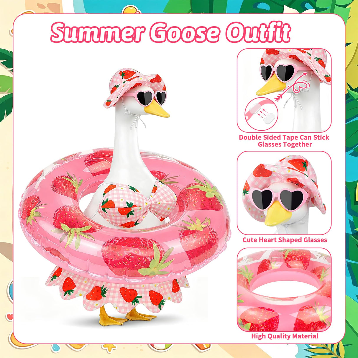 Lixintray Hawaiian Porch Goose Outfits Summer Bikini Goose Outfit with Sunglasses & Swim Ring, Strawberry Goose Costume Fits 23 Inch Cement Yard Plastic Statues, Outdoor Garden Patio Decor