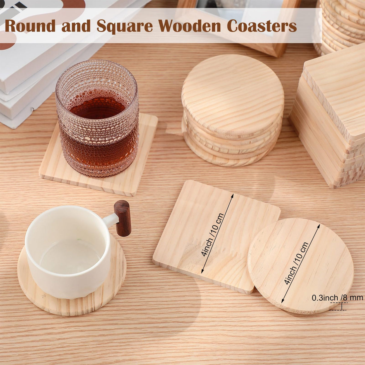 Hushee 96 Pcs Unfinished Wood Coasters 4 Inch Blank Wooden Coasters for Crafts with Non Slip Foam Pad Stickers Wooden Craft Tabletop Protection for Christmas DIY Painting Engraving Home Decoration