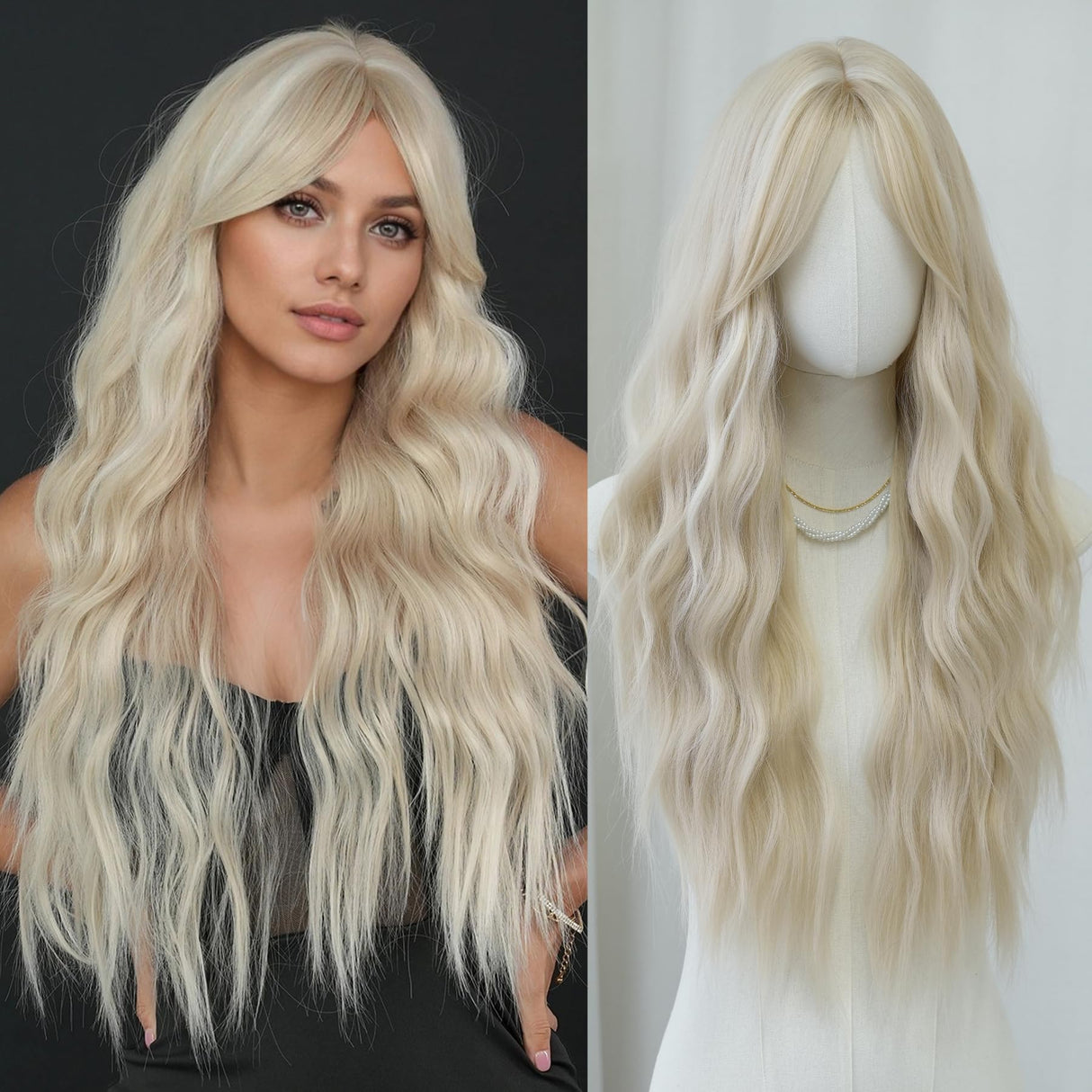 7JHH WIGS Long Wavy Ash Blonde Wig with Curtain Bangs Heat Resistant Fiber Layered Synthetic Curly Wig for Cosplay Christmas Gifts Party Used