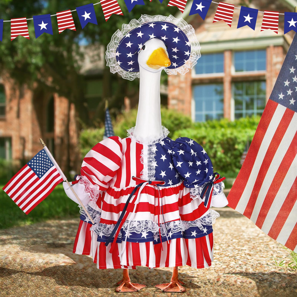 Suzile 250 Years 4th of July Porch Goose Outfit US Patriotic Independence Day Dresses Clothes for 17" High Goose Clothes Costume with Flag for Lawn Yard Outdoor Garden Patio Statue Memorial Day